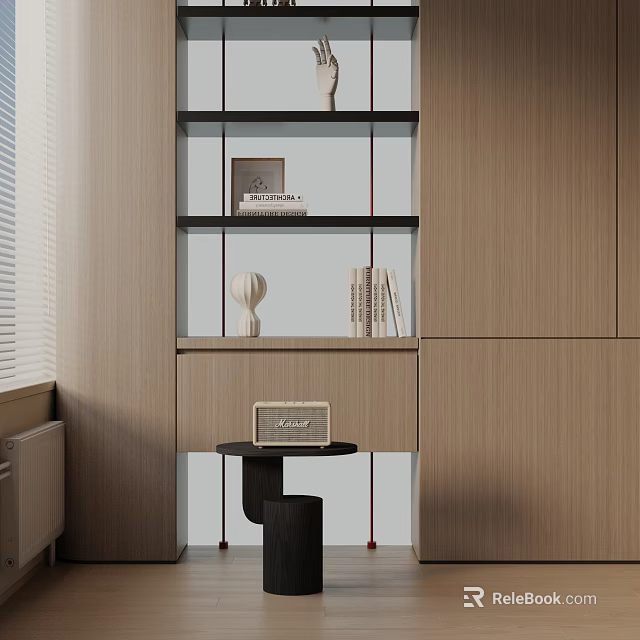 Stylish Black Side Table With Small Ornament Next To Wooden Bookshelf And Cabinet 3d model 