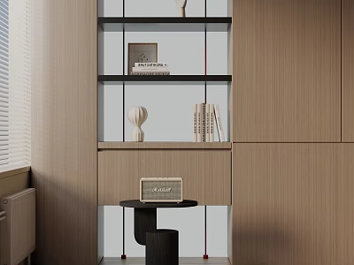 Stylish Black Side Table With Small Ornament Next To Wooden Bookshelf And Cabinet 3d model