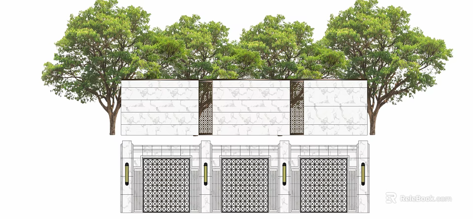 Building Exterior Wall Design With Stone Texture And Green Trees Above Lattice Gates 3d model 
