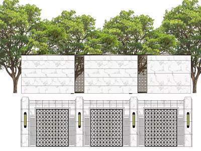 Building Exterior Wall Design With Stone Texture And Green Trees Above Lattice Gates 3d model