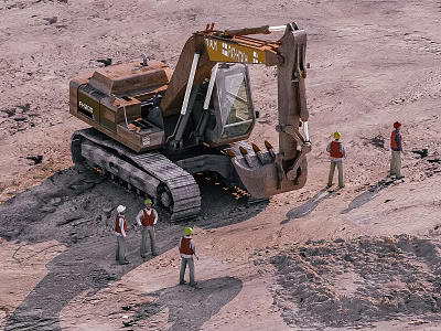 Heavy Duty Construction Excavator With Workers In Safety Gear At Construction Site 3d model
