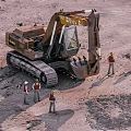 Heavy Duty Construction Excavator With Workers In Safety Gear At Construction Site