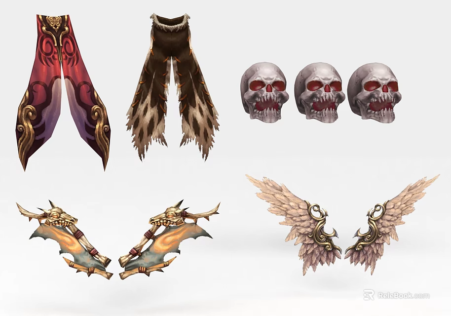 Unique Wall Decor Collection Featuring Decorative Fabrics Skulls Dragon Wings And Ornate Designs 3d model 