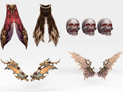 Unique Wall Decor Collection Featuring Decorative Fabrics Skulls Dragon Wings And Ornate Designs 3d model