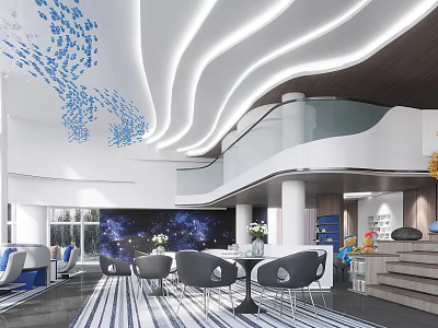 Modern Sales Office Interior Design With Wavy Ceiling Blue Decor And Reception Furniture 3d model