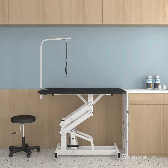 Adjustable Medical Treatment Table With Black Top Stool Cabinet Supplies And Light Blue Wooden Wall 3d model 