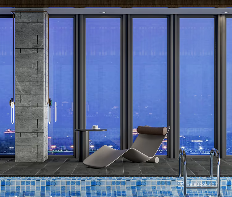 Modern Poolside Lounge Chair With Small Table By Large Windows At Night 3d model 