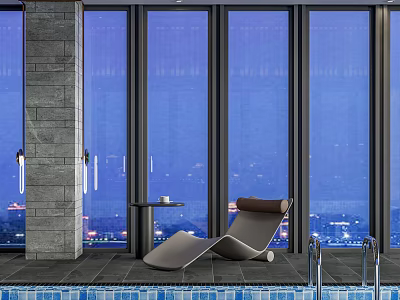 Modern Poolside Lounge Chair With Small Table By Large Windows At Night 3d model