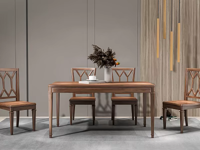 Wooden Dining Table Set With Four Chairs And Decorative Centerpiece In Modern Interior 3d model