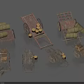 Multiple Wooden Carts And Barrels In Various Designs With Wheels And Frames 3d model