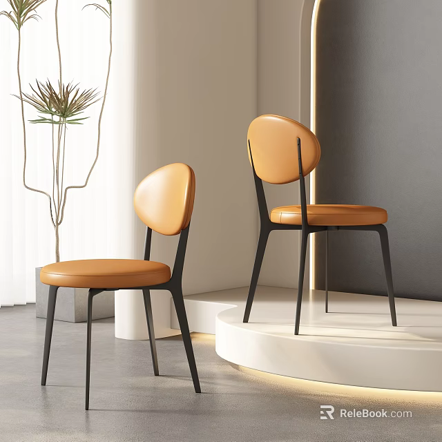 Modern Orange Leather Dining Chairs With Black Metal Legs And Curved Backrest 3d model 