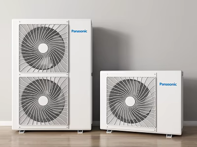 Panasonic White Air Conditioner Fans One Large One Small on Wooden Floor Against Gray Wall 3d model