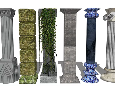 Various Roman Columns With Diverse Designs Stone Brick Mosaic And Ivy Decor 3d model