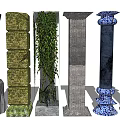 Various Roman Columns With Diverse Designs Stone Brick Mosaic And Ivy Decor