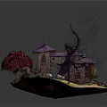 Cartoon Scenic Island Scene With Purple Roof Cottage Pink Trees And Silver Crystal Structures