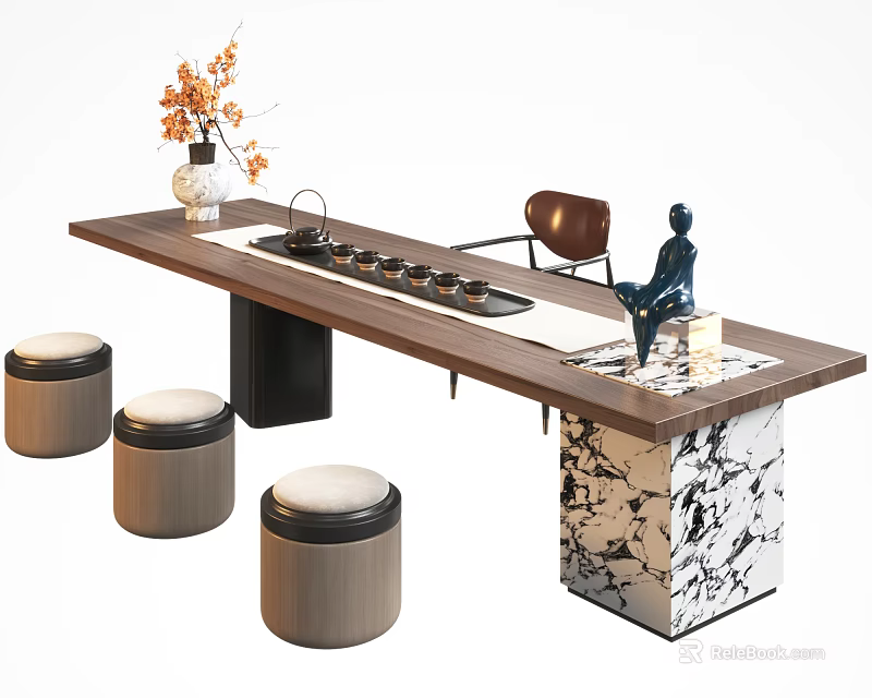 Modern Wooden Tea Table With Marble Legs Round Stools Flower Vase And Tea Cups 3d model 