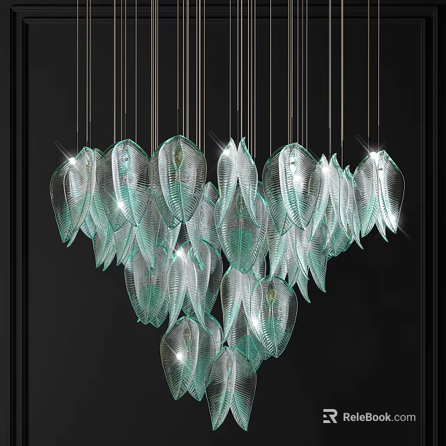 Elegant Contemporary Crystal Chandelier With Leaf Shaped Turquoise Glass And Illuminated Glow 3d model 