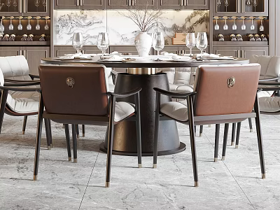 Elegant Modern Dining Table and Chair Set With Leather Seats And Decorative Wine Glasses 3d model