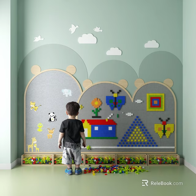 Interactive Children's Playground With Cloud Wall Decor Colorful Building Blocks And Play Panel 3d model 