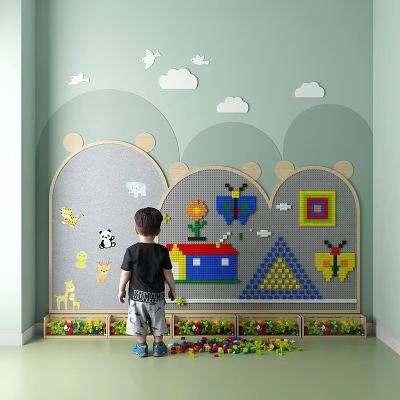 Interactive Children's Playground With Cloud Wall Decor Colorful Building Blocks And Play Panel 3d model