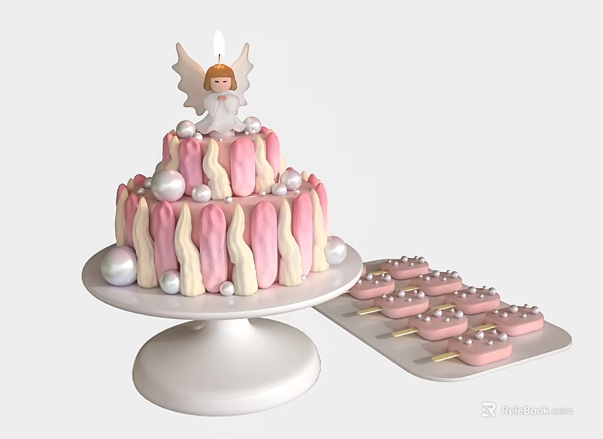Two Tier Pink White Striped Cake With Angel Decoration Pearl Accents And Lollipop Desserts 3d model 