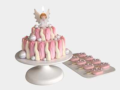 Two Tier Pink White Striped Cake With Angel Decoration Pearl Accents And Lollipop Desserts 3d model