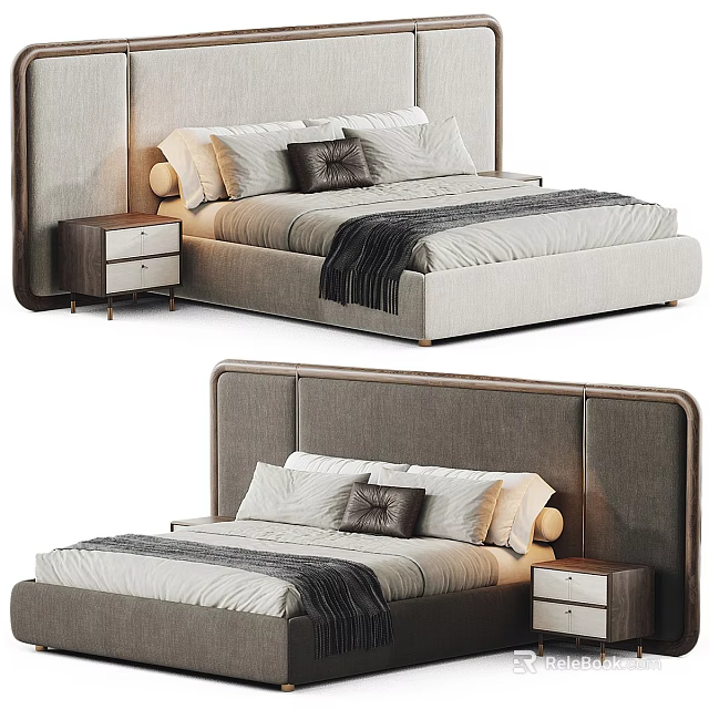 Modern Upholstered Double Bed With Gray Headboard Pillows And Nightstand Drawers 3d model 