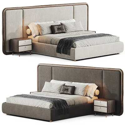 Modern Upholstered Double Bed With Gray Headboard Pillows And Nightstand Drawers 3d model