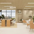 Bright Public Office Space With Wooden Ceiling Linear Lights Large Windows And Green Plants