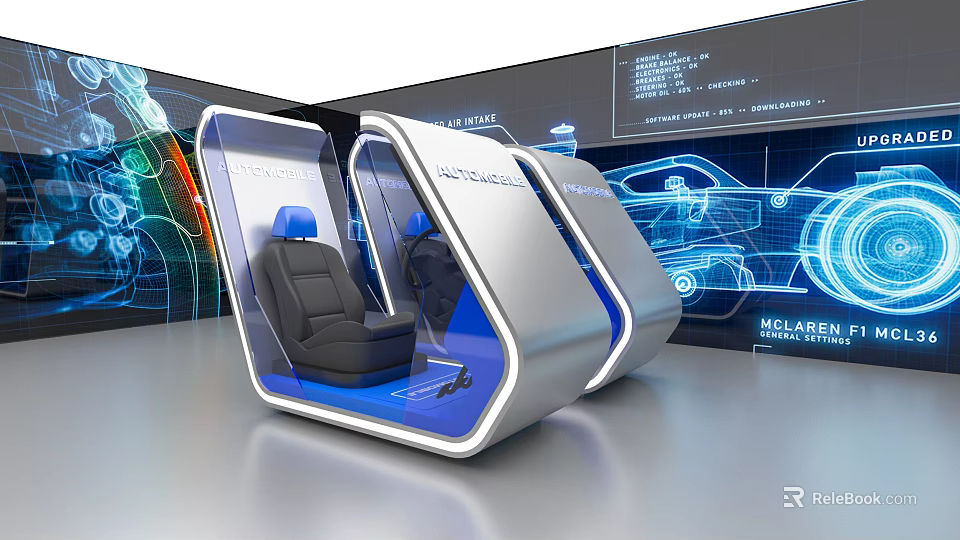Futuristic McLaren Simulation Seat With Interactive Display And Car Blueprint Background 3d model 