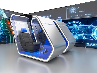 Futuristic McLaren Simulation Seat With Interactive Display And Car Blueprint Background 3d model