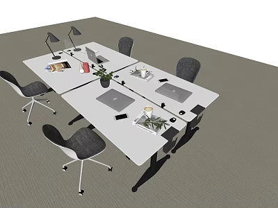 Modern Office Desk Setup With Laptop Desk Lamp Potted Plant And Ergonomic Chairs 3d model