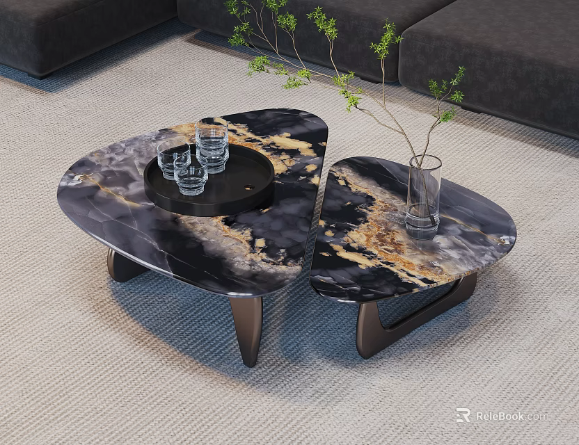 Elegant Black And Gold Marble Coffee Tables With Dark Legs In Living Room 3d model 