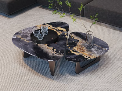 Elegant Black And Gold Marble Coffee Tables With Dark Legs In Living Room 3d model