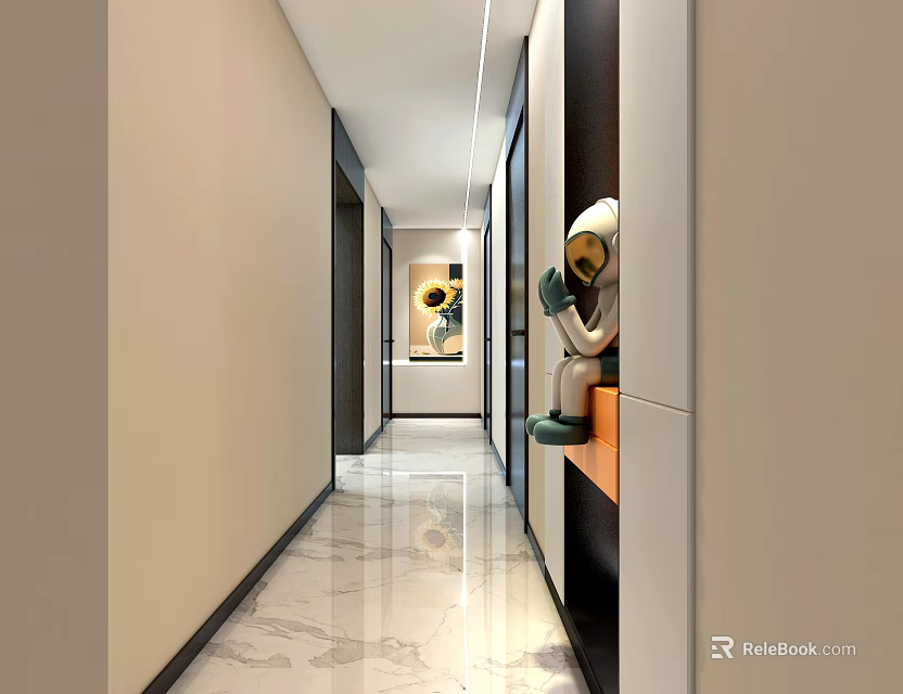 Modern Minimalist Entryway Hallway With Marble Floor Sunflower Painting And Astronaut Figurine 3d model 