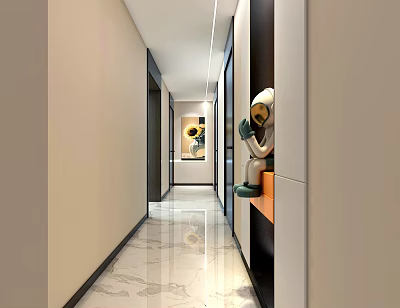 Modern Minimalist Entryway Hallway With Marble Floor Sunflower Painting And Astronaut Figurine 3d model