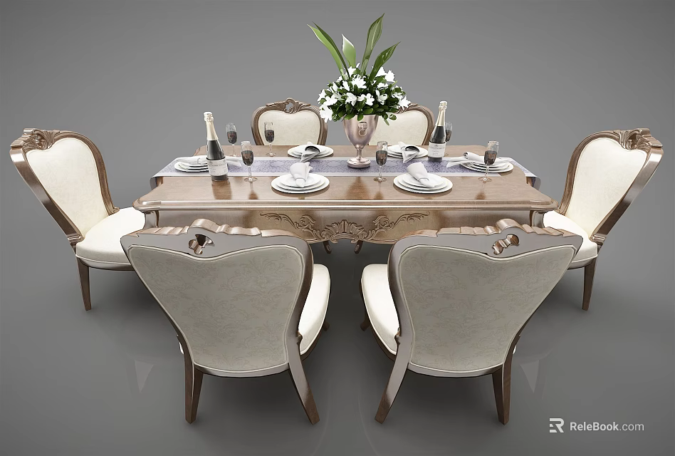 Elegant Classic Dining Table Set With Upholstered Chairs Floral Centerpiece And Tableware 3d model 