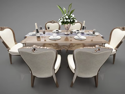 Elegant Classic Dining Table Set With Upholstered Chairs Floral Centerpiece And Tableware 3d model