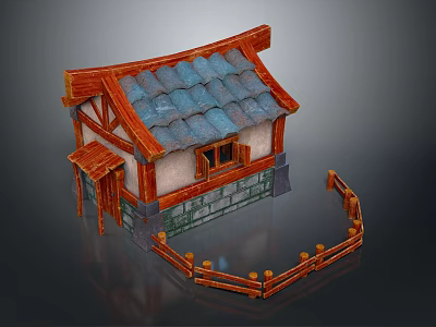 Cartoon Style Traditional Small House With Red Roof And Wooden Fence 3d model