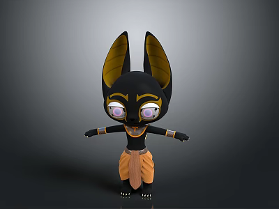 Cute Anubis 3D Character Model With Big Ears Purple Eyes And Orange Outfit 3d model