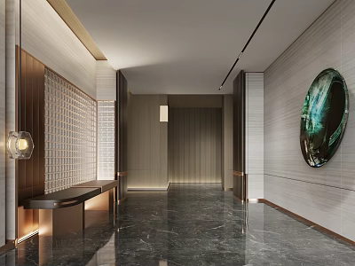 Modern Foyer Hallway Design with Marble Floor Artwork and Lighting 3d model