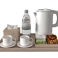 Modern Tea Set with White Cups Electric Kettle Mineral Water and Tea Packets on Tray