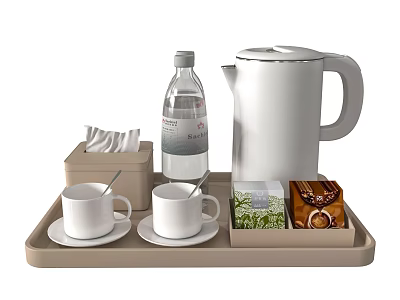 Modern Tea Set with White Cups Electric Kettle Mineral Water and Tea Packets on Tray 3d model