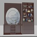 Wooden Chinese Entryway Cabinet And Side Cabinet With Decor Vases Books Circular Landscape Painting
