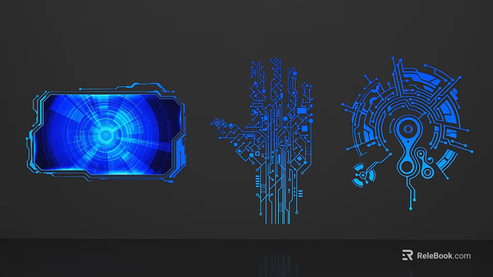 Blue Tech Inspired Lines Featuring Palm Circular Interface Gears And Circuit Board Elements 3d model 