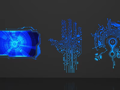 Blue Tech Inspired Lines Featuring Palm Circular Interface Gears And Circuit Board Elements 3d model