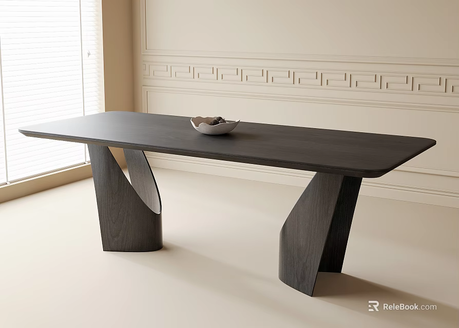 Modern Black Dining Table with Unique Curved Legs and White Bowl in Bright Light-Colored Room 3d model 