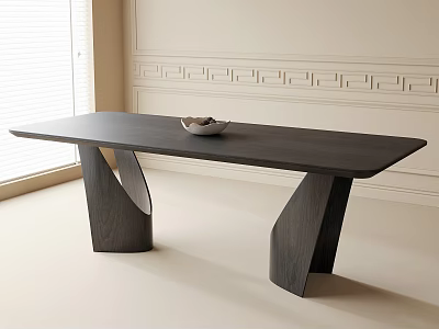 Modern Black Dining Table with Unique Curved Legs and White Bowl in Bright Light-Colored Room 3d model