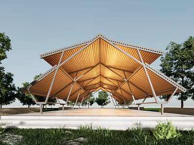 Contemporary Wooden Pavilion Structure With Triangular Roof Open Space And Green Surroundings 3d model