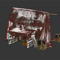 Worn Out Snow Covered Damaged Tent With Torn Fabric And Wooden Crates Against Dark Background